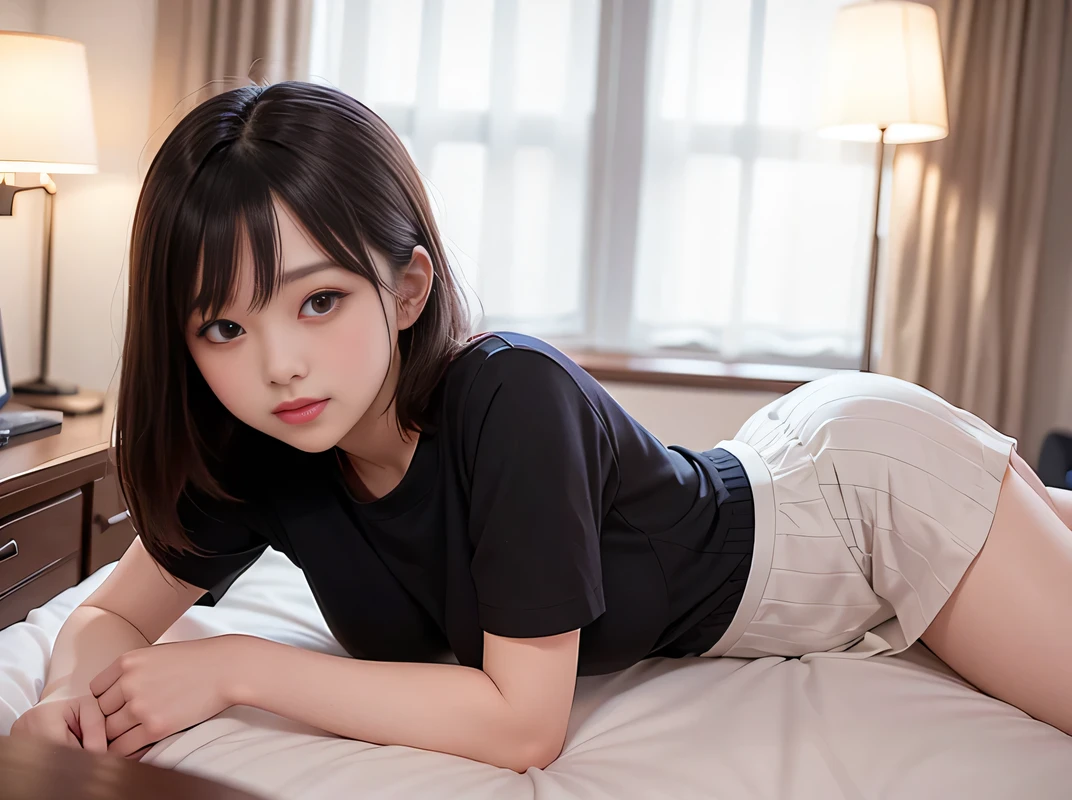 figure laying down with open legs girl is beautiful japanese female and beautiful russian female mixed race only in the face age is 15 features of the whole body black hair medium straight bob cut hair style beautiful small face with short eyelashes boyish eyes only high nose dark blue pupils very thin upper lip milky white skin accurate attractive body shape beautiful bust waist hip s thighs knees legs choker and tie on neck wearing only a large size casual shirt real face kindly and slightly in bed