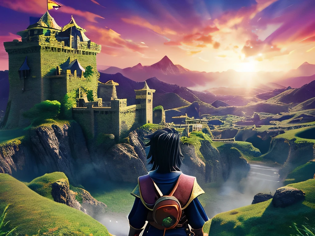 A land of legendary wealth.Fantasy、Dragon Quest style images、A black-haired hero holding a sword stands facing backwards、Demon King's Castle