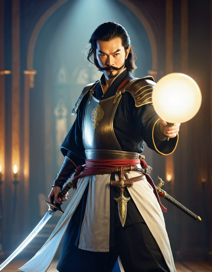((masterpiece)), ((best quality)), ((detailed)), ((Captivating)), ((Impressive)), ((Phenomenal)), Fantasy, Swordmaster, Swordmaster, Mastery, Digital artwork, Digital painting, Digital design, Old-fashioned light, Retro lighting, Nostalgic atmosphere, 80mm, Flattering focal length, Medium telephoto