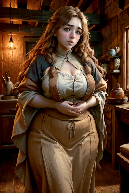 2 chubby female dwarf sisters, long wavy ginger hair, thick eyebrows, dark brown eyes, freckled face, plump lips, round face, wearing modest peasant clothes, large bust, broad hips, innocent gaze, rustic cabin setting, (best quality,4k,8k,highres,masterpiece:1.2),ultra-detailed,(realistic,photorealistic,photo-realistic:1.37),digital art,cinematic lighting,warm color palette,natural textures
