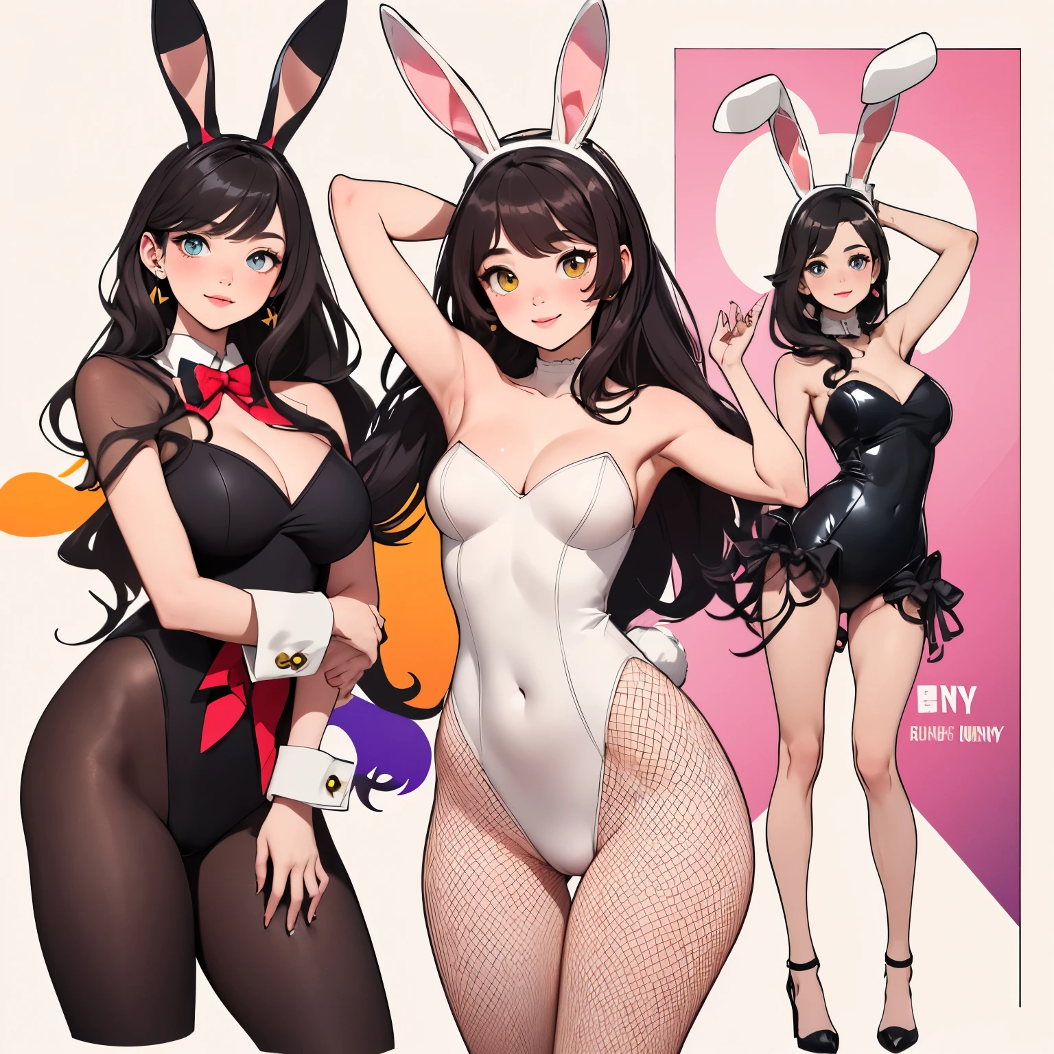 poster, (masterpiece, best quality),Black Hair(rich and colorful),(Stunning details),Standing front，Anatomically correct,Precision drawing,Detailed view,Luxury, girl lotus pose:1.6, lotus po station:1.6, (Bunny girl costume:1.5),（black：1.5）,Smile，Blank background