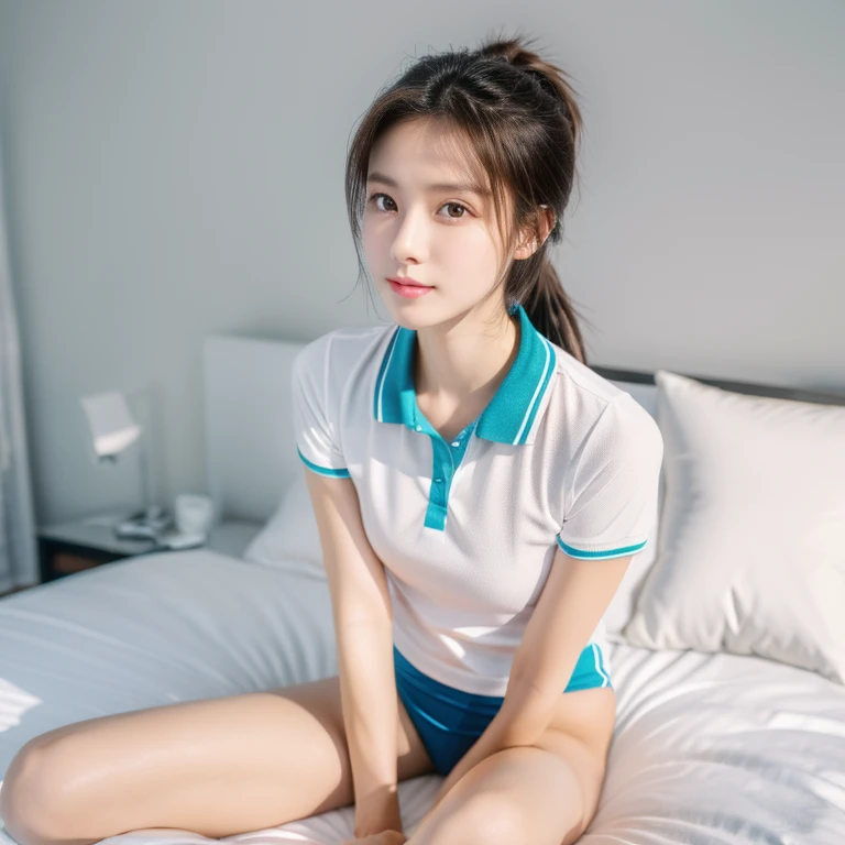 8k, High resolution, Anatomically correct, Attention to detail, Japanese woman wearing tennis wear, White short-sleeved polo shirt with collar,Ponytail hairstyle,White Skirt, Show off your beautiful thighs,Beautiful Face,clear, Beautiful Eyes,Beautiful Eyes,Inviting eyes,Kind eyes,Realistic depiction, photograph,Two Women,Exquisite,clear,Textured skin,clear skin,Small face,Small Mouth,Natural Makeup,Seduce,Embarrassing,, cowgirl position, open legs, on bed,masturbation, touch pussy