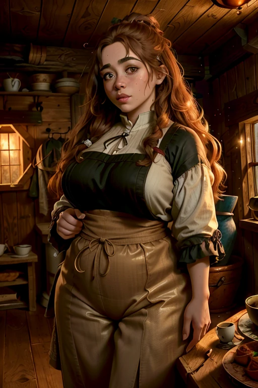 2 chubby female dwarf sisters, long wavy ginger hair, thick eyebrows, dark brown eyes, freckled face, plump lips, round face, wearing modest peasant clothes, large bust, broad hips, innocent gaze, rustic cabin setting, (best quality,4k,8k,highres,masterpiece:1.2),ultra-detailed,(realistic,photorealistic,photo-realistic:1.37),digital art,cinematic lighting,warm color palette,natural textures