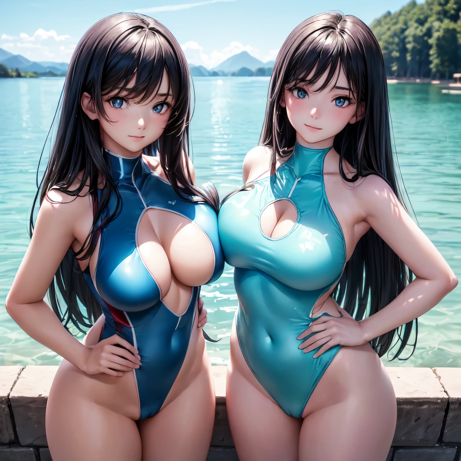 (((4K,masterpiece,best quality,ultra detailed,high resolution))),nsfw,(daytime,clear weather,front light),((two girls)),looking viewer,(beautiful girls),(teenage),long shot,symmetrical docking,hug,(black hair,long hair,straight hair),(beautiful detailed face,beautiful detailed eyes),(finely detailed skin,fair skin),slender,light smile,shy,(competition swimsuits,light-cyan swimsuits),(on the beautiful lake,beautiful sky),((cowboy shot)),(big breast,perky breast,medium hip),(cameltoe),