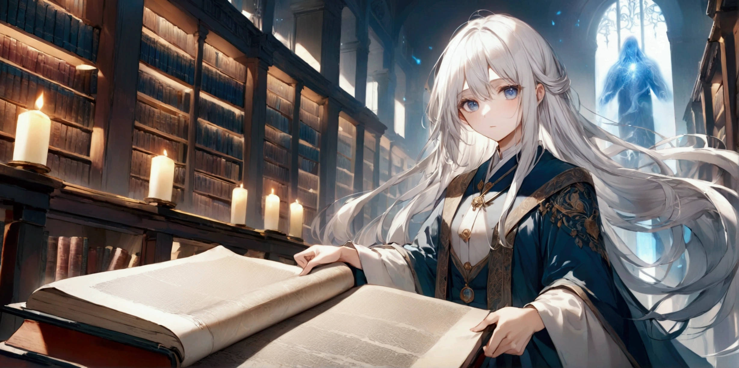 **68. One person。mysterious。Long-haired white-haired girl。Cowboy shot or close-up。 masterpiece , best quality , ultra detailed** - background: Old Library、Countless books lined up。 - Long-haired white-haired girl: Delicately drawn scholar-style outfit、Transparent Eyes。He holds an old scroll in his hand。 - Effects: Light emanating from the scroll、The aura of knowledge in the library。Powerful and intimidating, (masterpiece, Highest quality, Very detailed, Best Shadow), (Detailed Background, Dark fantasy) Dramatic Light,