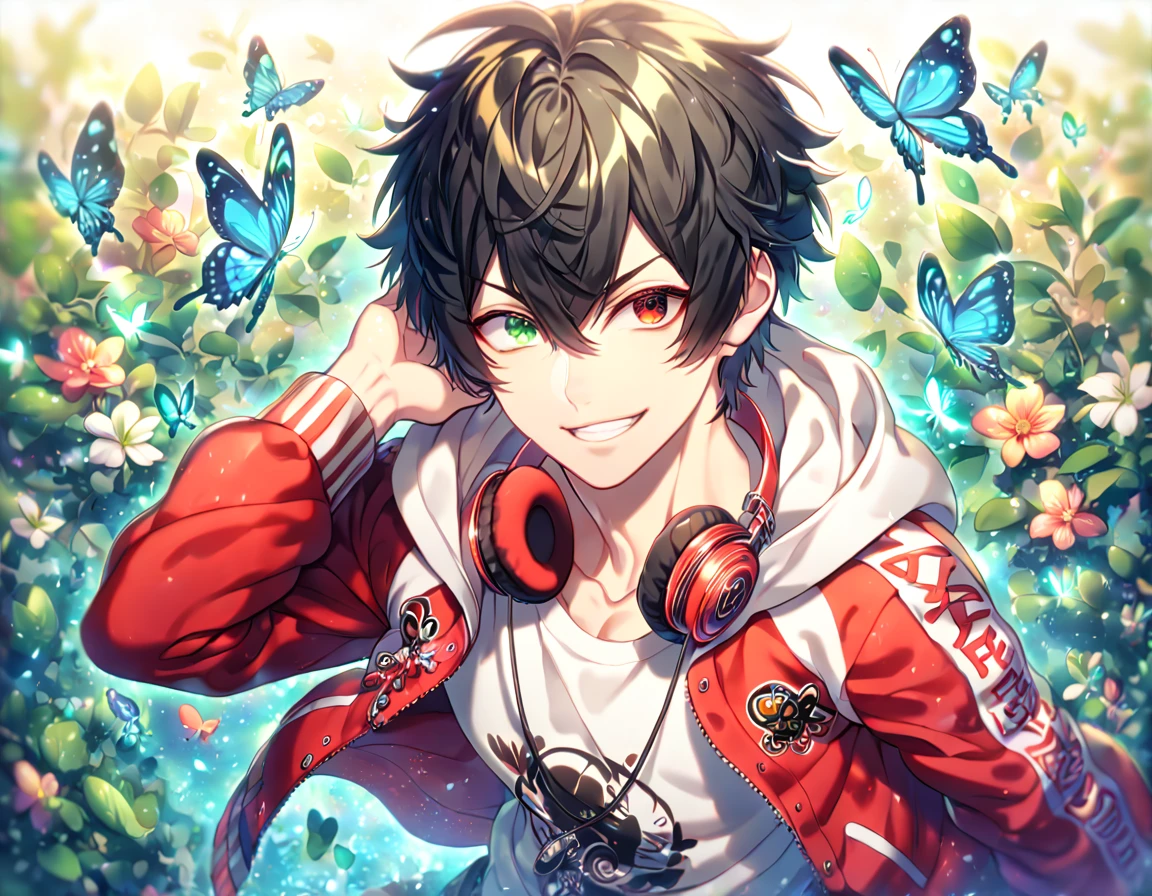 absurdres, highres, ultra detailed, HDR, master piece, best quality, extremely detailed face, delicated features, Yamada Ichiro, chin length black hair, heterochromia, right eye green, left eye red, Hypnosis Mic, solo, sexy man, handsome, handsome smile, red varsity jacket, white hoodie, red headphones around his neck, fantasy, magical, butterflies, summer, green leaves, flowers, water