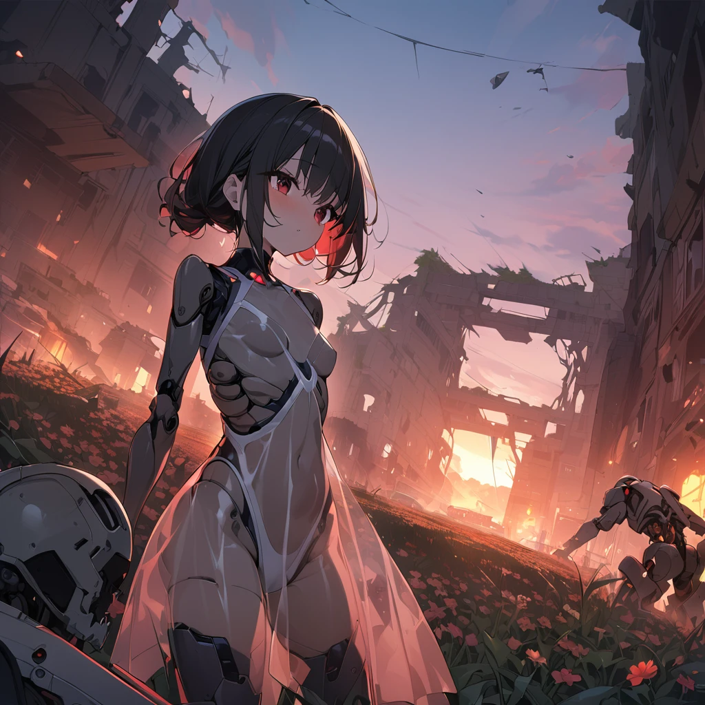 Prompt: score_9, score_8_up, score_7_up, score_6_up, score_5_up, score_4_up, masterpiece, best quality, source_anime,2D、flat、1girl, 20yo、black hair, red eyes, skeleton body, Translucent dress、Bones visible, moss on body、Twilight、red light、Ruins, Suzuran flower field, high-resolution image, leotard, see-through,android, joints, robot joints