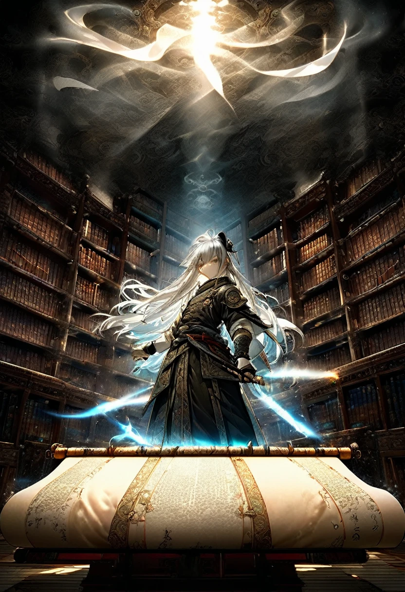 **68. One person。mysterious。Long-haired white-haired girl。Cowboy shot or close-up。 masterpiece , best quality , ultra detailed** - background: Old Library、Countless books lined up。 - Long-haired white-haired girl: Delicately drawn scholar-style outfit、Transparent Eyes。He holds an old scroll in his hand。 - Effects: Light emanating from the scroll、The aura of knowledge in the library。Powerful and intimidating, (masterpiece, Highest quality, Very detailed, Best Shadow), (Detailed Background, Dark fantasy) Dramatic Light,