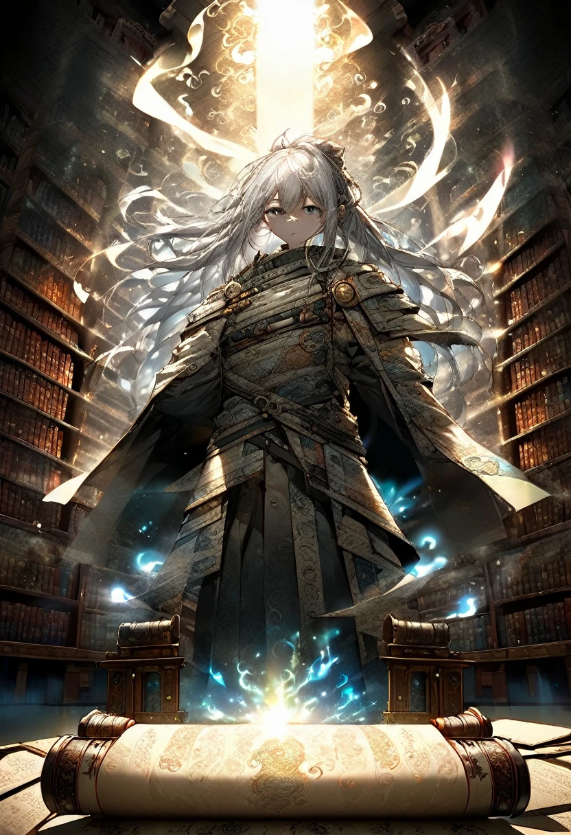 **68. One person。mysterious。Long-haired white-haired girl。Cowboy shot or close-up。 masterpiece , best quality , ultra detailed** - background: Old Library、Countless books lined up。 - Long-haired white-haired girl: Delicately drawn scholar-style outfit、Transparent Eyes。He holds an old scroll in his hand。 - Effects: Light emanating from the scroll、The aura of knowledge in the library。Powerful and intimidating, (masterpiece, Highest quality, Very detailed, Best Shadow), (Detailed Background, Dark fantasy) Dramatic Light,