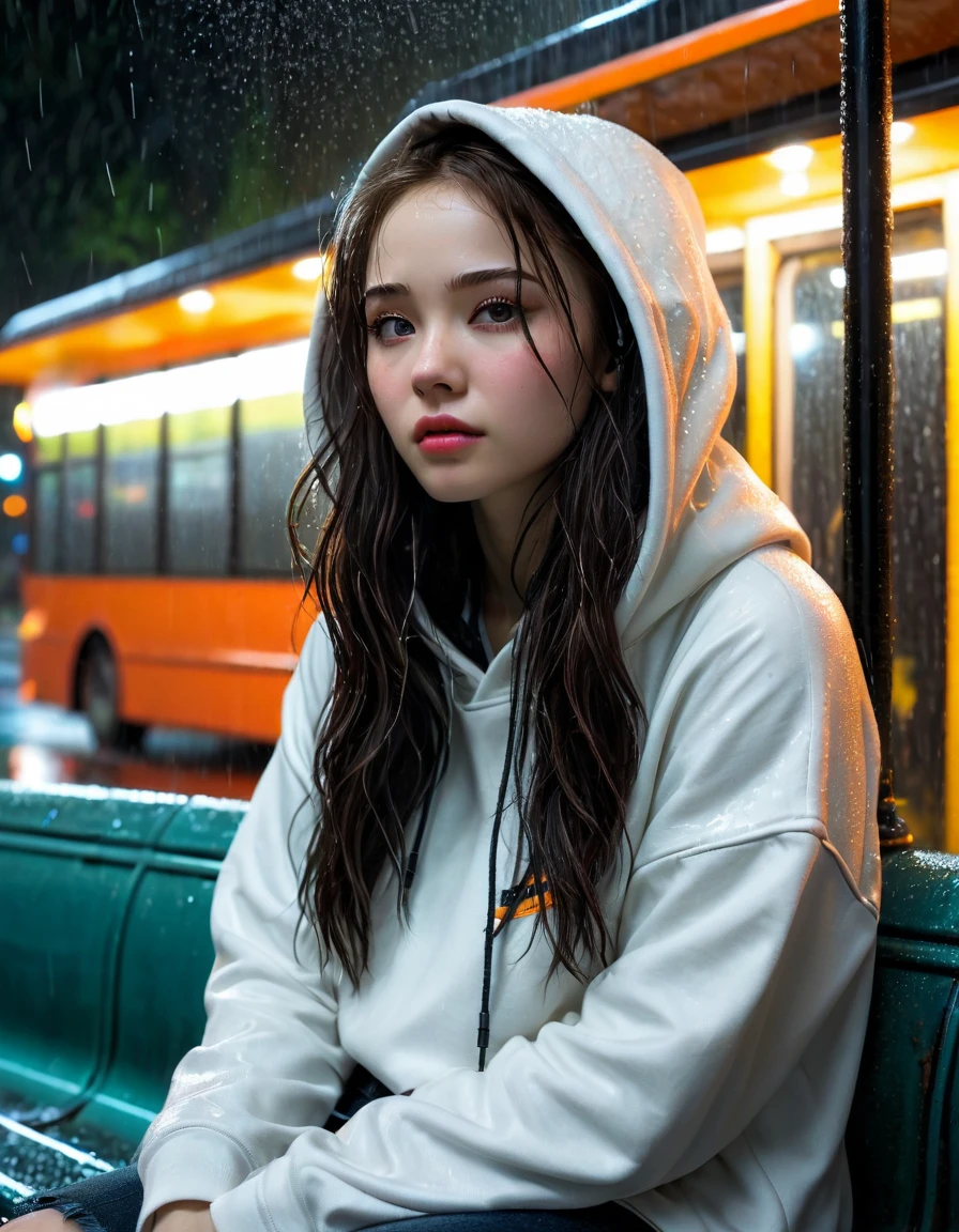 Sideways shot,candid photo,epic realistic, masterpiece,high detailed,high resolution, beatyfull girl alone,perfect eyes,perfect skin,white skin,pale skin ,fair skin,double eyelids ,ultradelicate face, Sitting at the covered bus stop looking at front,show at camera, at night,low light,Rain sprinkle on the street,very detailed, solo, incredibly absurd, white hoodie with black logo design, jeans, headphones, outdoor, rain, neon, faded, neutral colors,muted colors, hyperdetailed,cinematic, warm lights, dramatic light, complex background,teal and orange