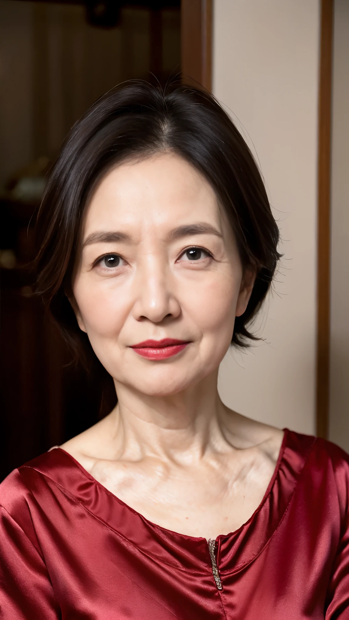 Masterpiece, Beautiful finish, Beautiful mature woman、63-year-old woman、Face close-up,Long face, Red lips, Thin lips, Satin dress, Light from the front,