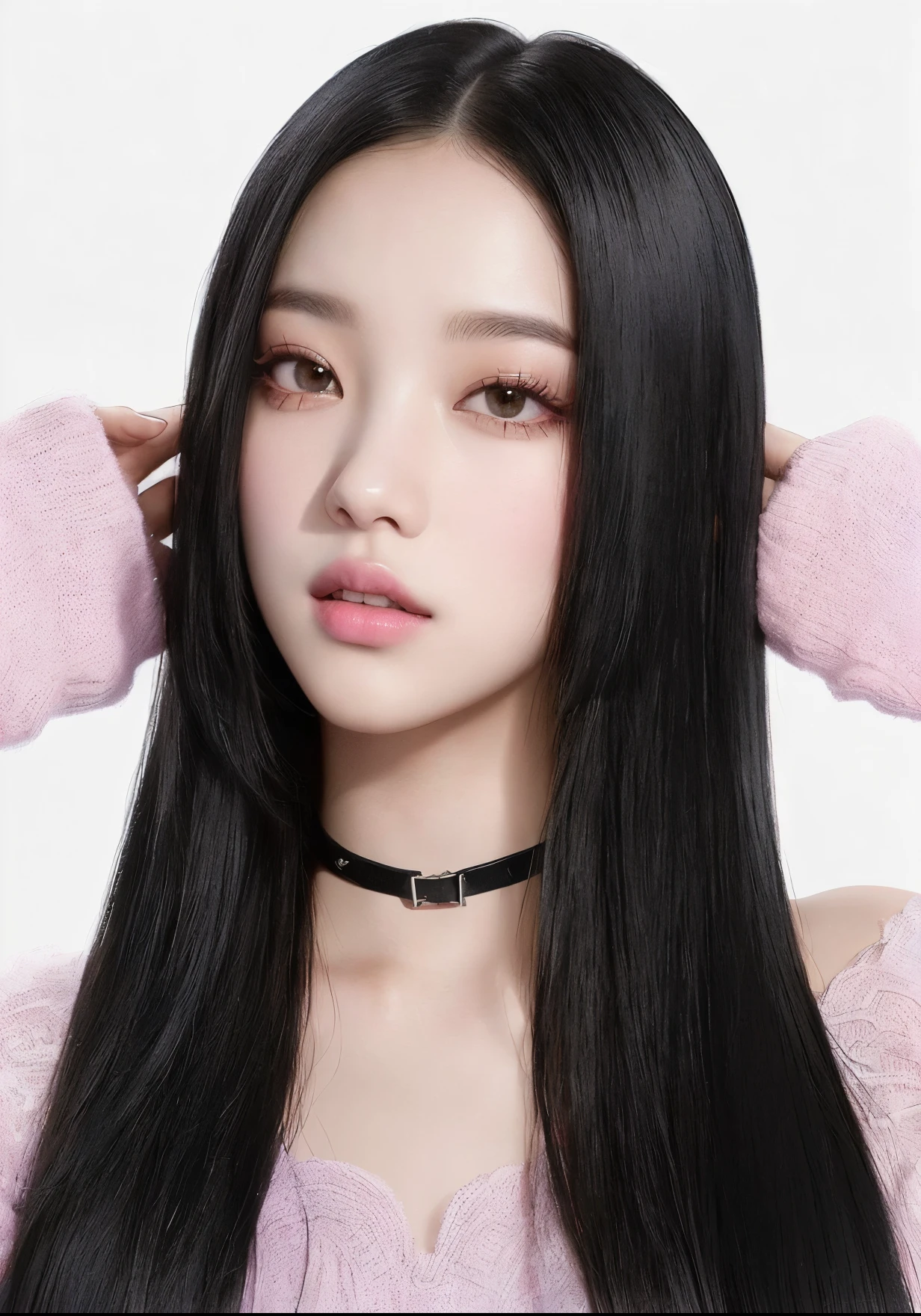 a close up of a woman with long black hair wearing a choke, portrait of jossi of blackpink, portrait jisoo blackpink, jossi of blackpink, jisoo of blackpink, blackpink jennie, jisoo from blackpink, roseanne park of blackpink, ulzzang, jaeyeon nam, jinyoung shin, black hime cut hair, lee ji - eun, park ji-min, Karina aespa