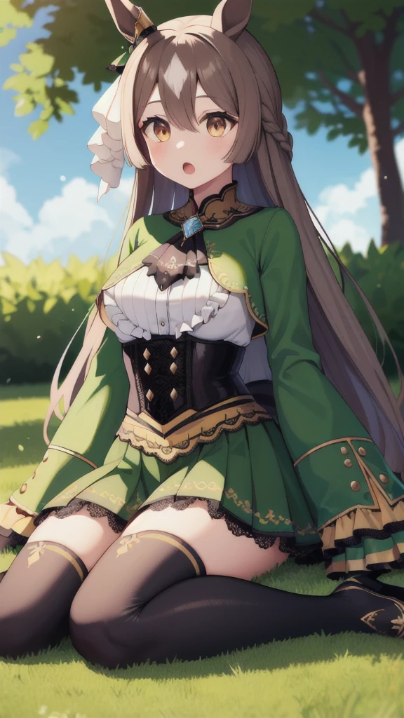 masterpiece, best quality, highres, aasato, long hair, half updo, braid, hair between eyes, animal ears, ear ornament, horse tail, breasts, frills, black ascot, green dress, (sleeves past wrists:1.2), black thighhighs, outdoors, field, wariza, sitting, on floor, :o