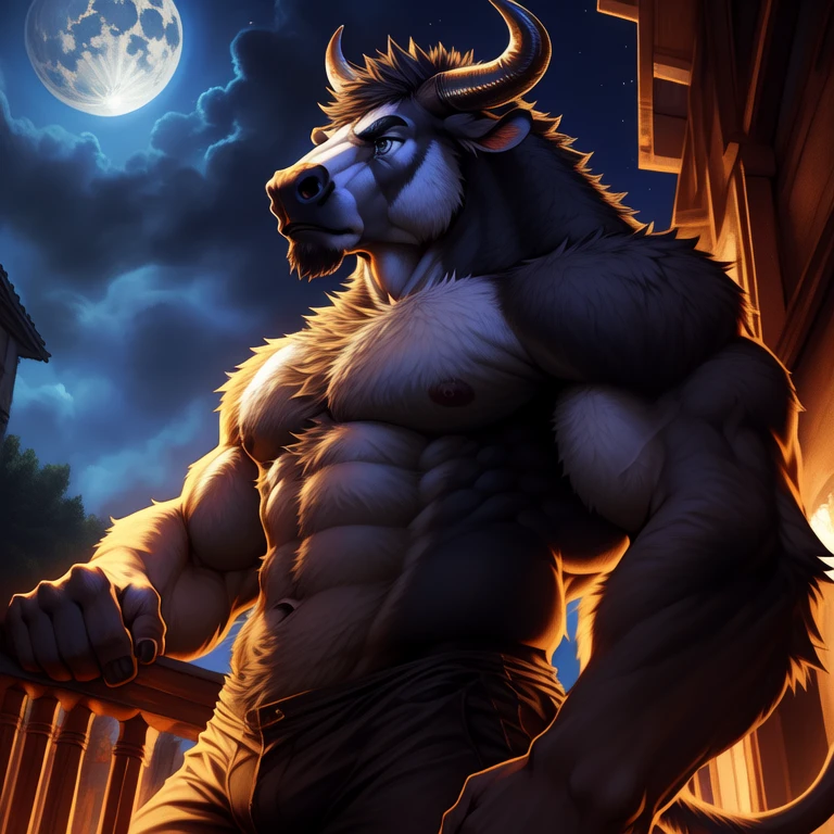 ((realistic)), upload on e621, by Garmash, by allandox, anthro, male, (((detailed fluffy fur))), detailed realistic painting, (((biceped))), (((shaded))) extreme detail, ((bull, medium length horns)), muscular, ((stern expression:1.3)), full moon background, full body perspective, tail, standing, ((strong pose))