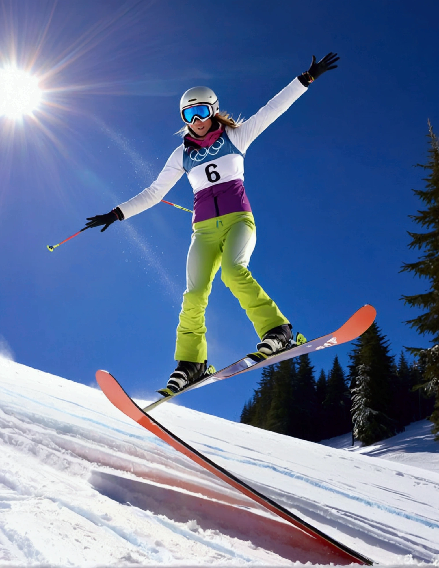 An snow skier is in mid air after leaving the high jump ramp, camera below, snow sparkles and shimmers in a thin trail behind skier