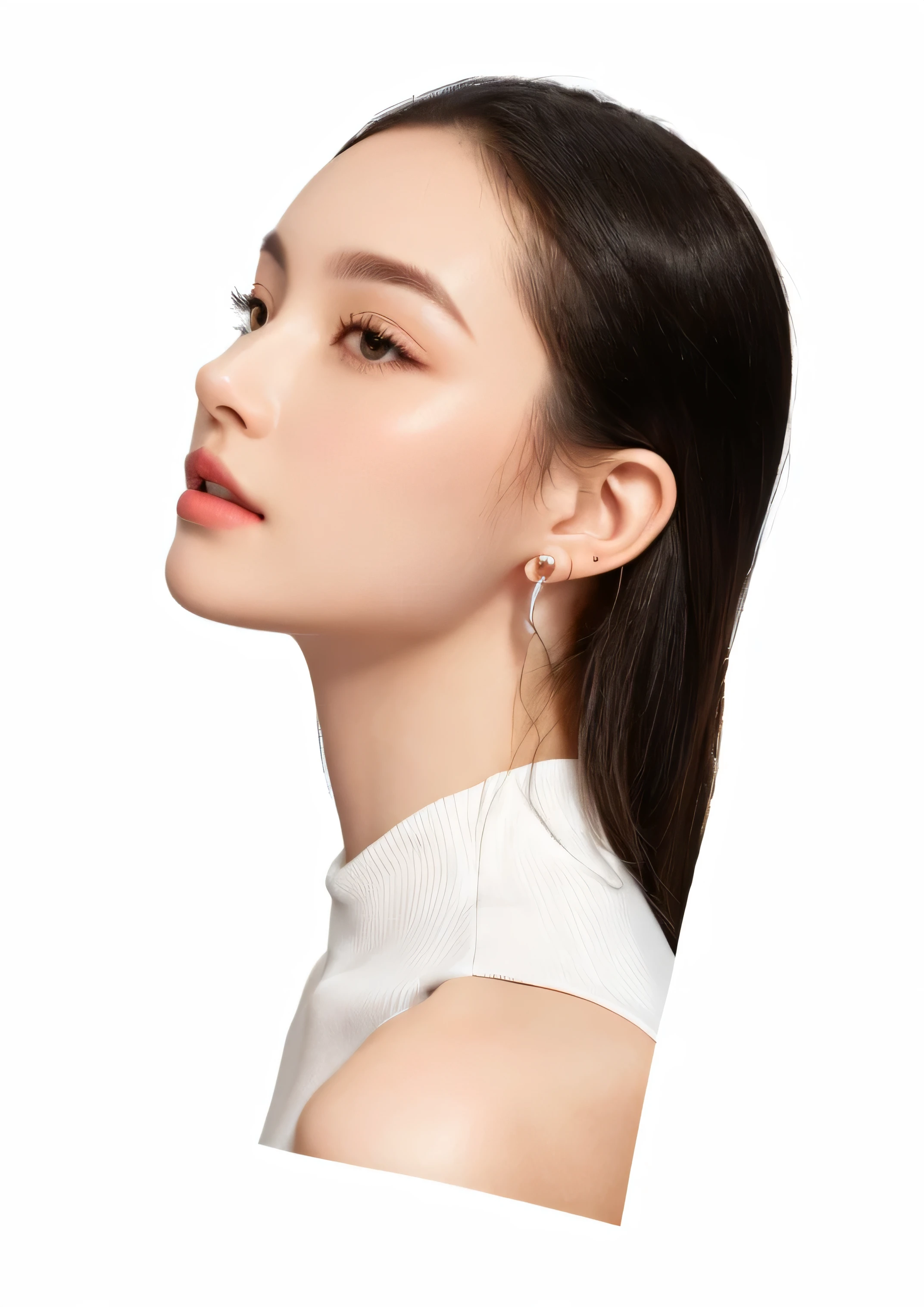 a close up of a woman with a white top and earringss, Side close-up view, girl with a pearl earringsl, High Angle View, Top perspective, earrings, Side View, Orthogonal view, 带小earrings, Side profile, long earringss, In the profile, Right side profile, 3/4 Side View, Side portrait