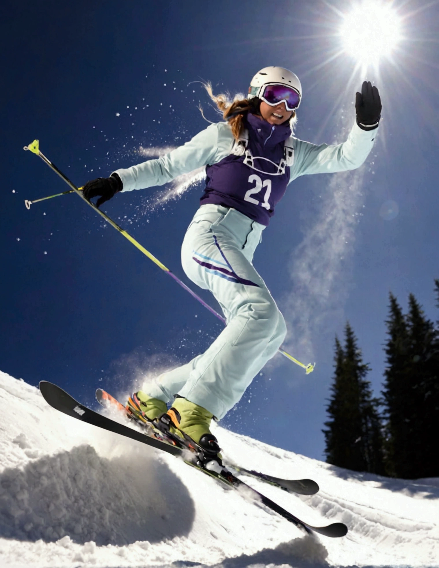 An snow skier is in mid air after leaving the high jump ramp, camera below, snow sparkles and shimmers in a thin trail behind skier
