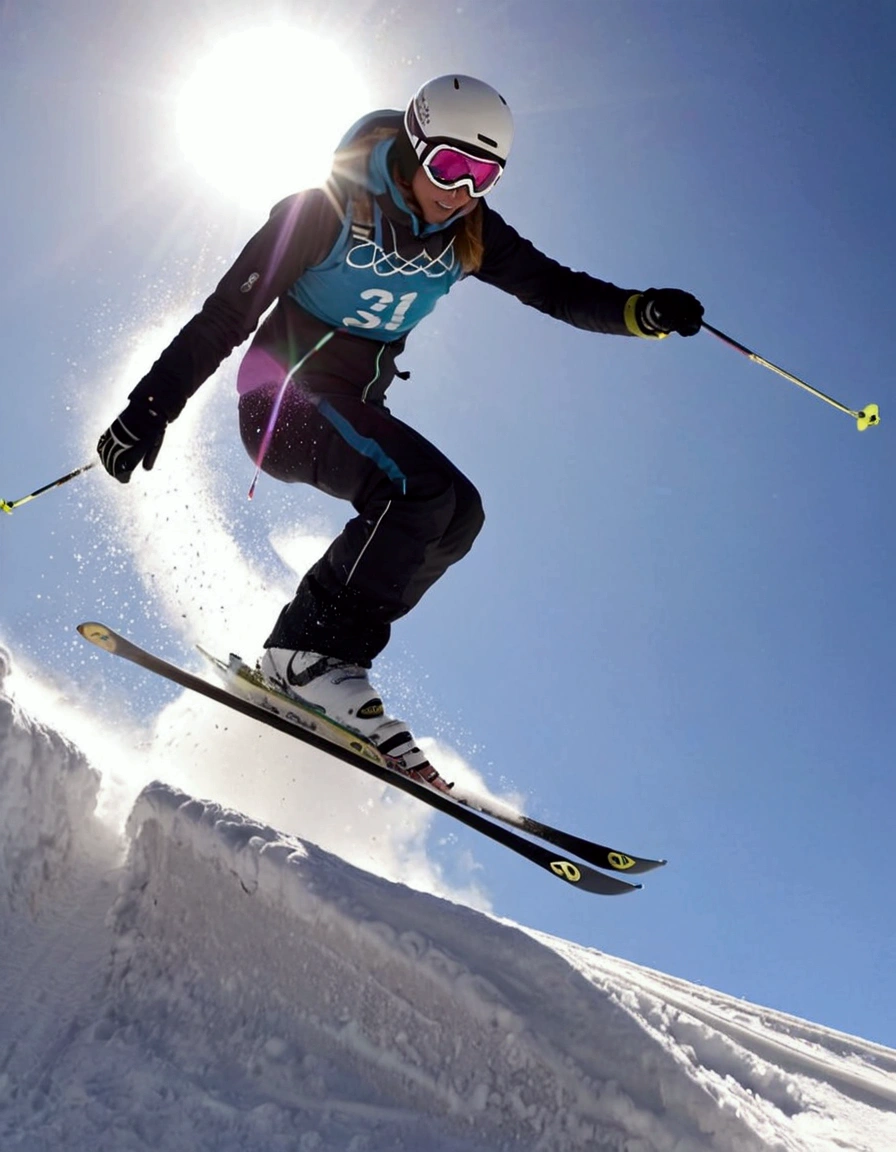 An snow skier is in mid air after leaving the high jump ramp, camera below, snow sparkles and shimmers in a thin trail behind skier
