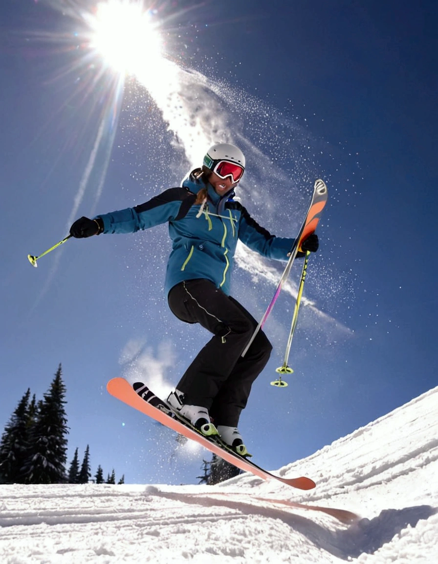 An snow skier is in mid air after leaving the high jump ramp, camera below, snow sparkles and shimmers in a thin trail behind skier
