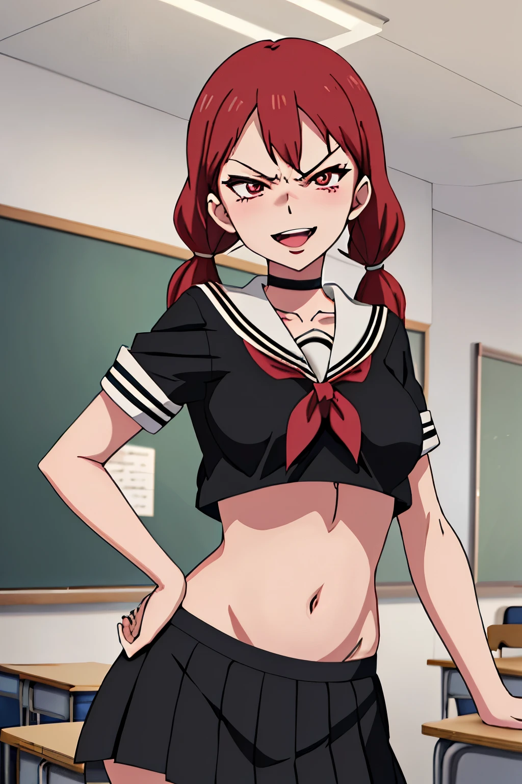  {sarina_shizukume_mahoushoujosite:1.15}, red_hair, twintails, red_eyes, long_hair, anime_coloring, brown_eyes,medium breast, choker, necklace, lipstick, blush, Hot girls, baddie, staring, glaring, bad attitude, mean girl, crazy, smoking, sensual, attractive, masterpiece, best quality, highly detailed, a anime girls in sailor uniforms with a gun posing for a picture,
evil smile, smile, open mouth,black_serafuku, ecchi anime style, anime girls , (nsfw) not safe for work,
ecchi style, ecchi, shipgirls, digital anime art!!, high school girls, holding a gun, hold a gun, anime style 4
k, micro skirt, exposed belly, exposed navel, exposed midriff, holding pistol,underboob,
exposed lower belly,school, classroom,