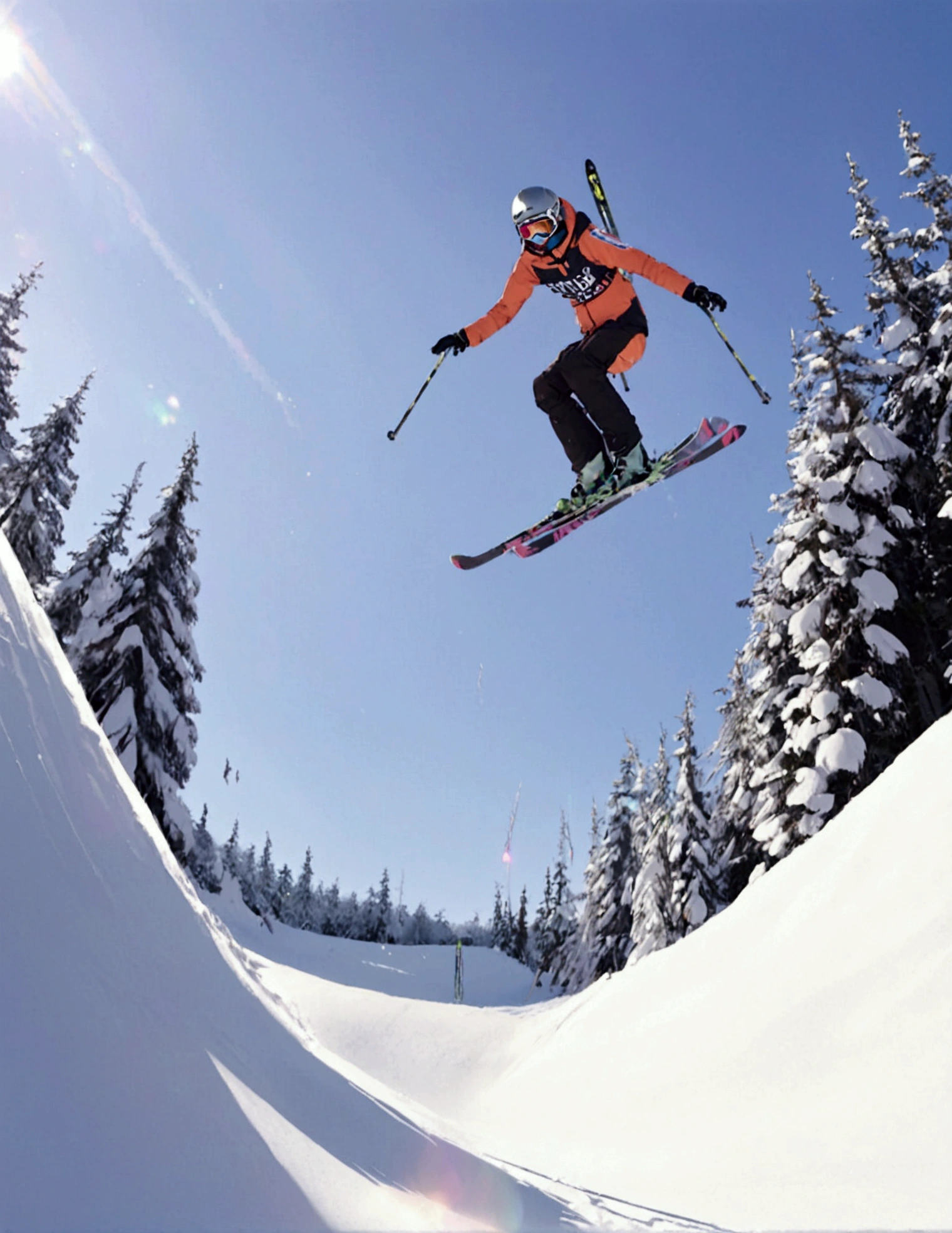 An snow skier is in mid air after leaving the high jump ramp, camera below, snow sparkles and shimmers in a thin trail behind skier