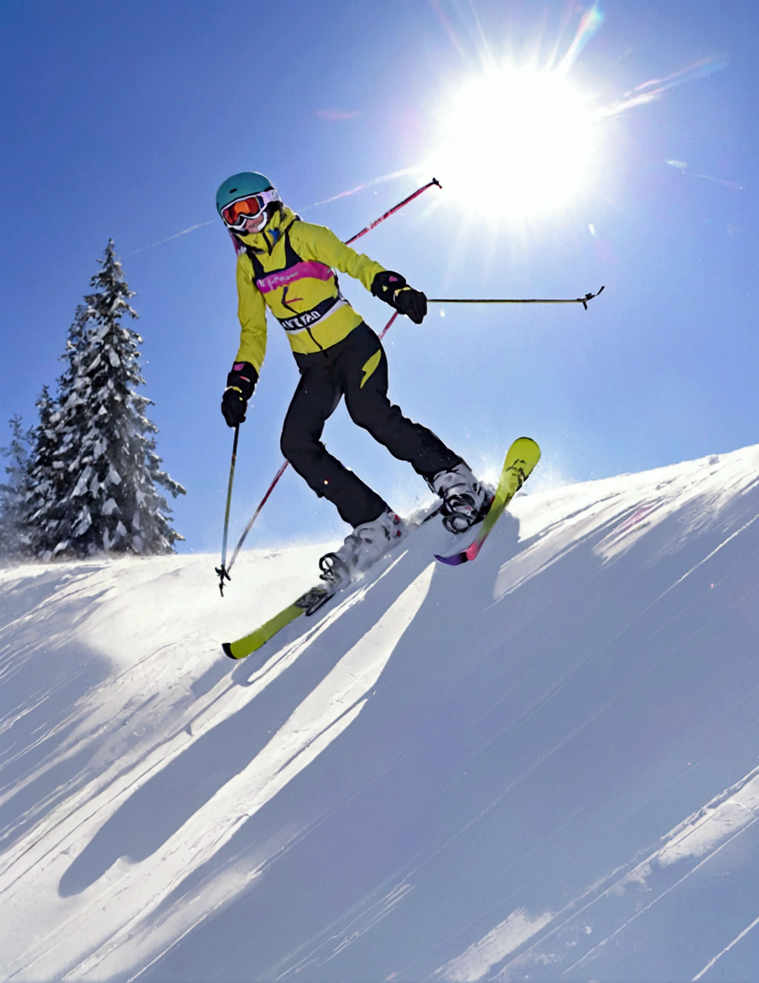 An snow skier is in mid air after leaving the high jump ramp, camera below, snow sparkles and shimmers in a thin trail behind skier
