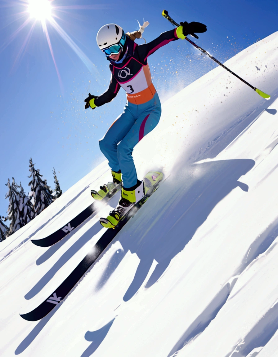 An snow skier is in mid air after leaving the high jump ramp, camera below, snow sparkles and shimmers in a thin trail behind skier
