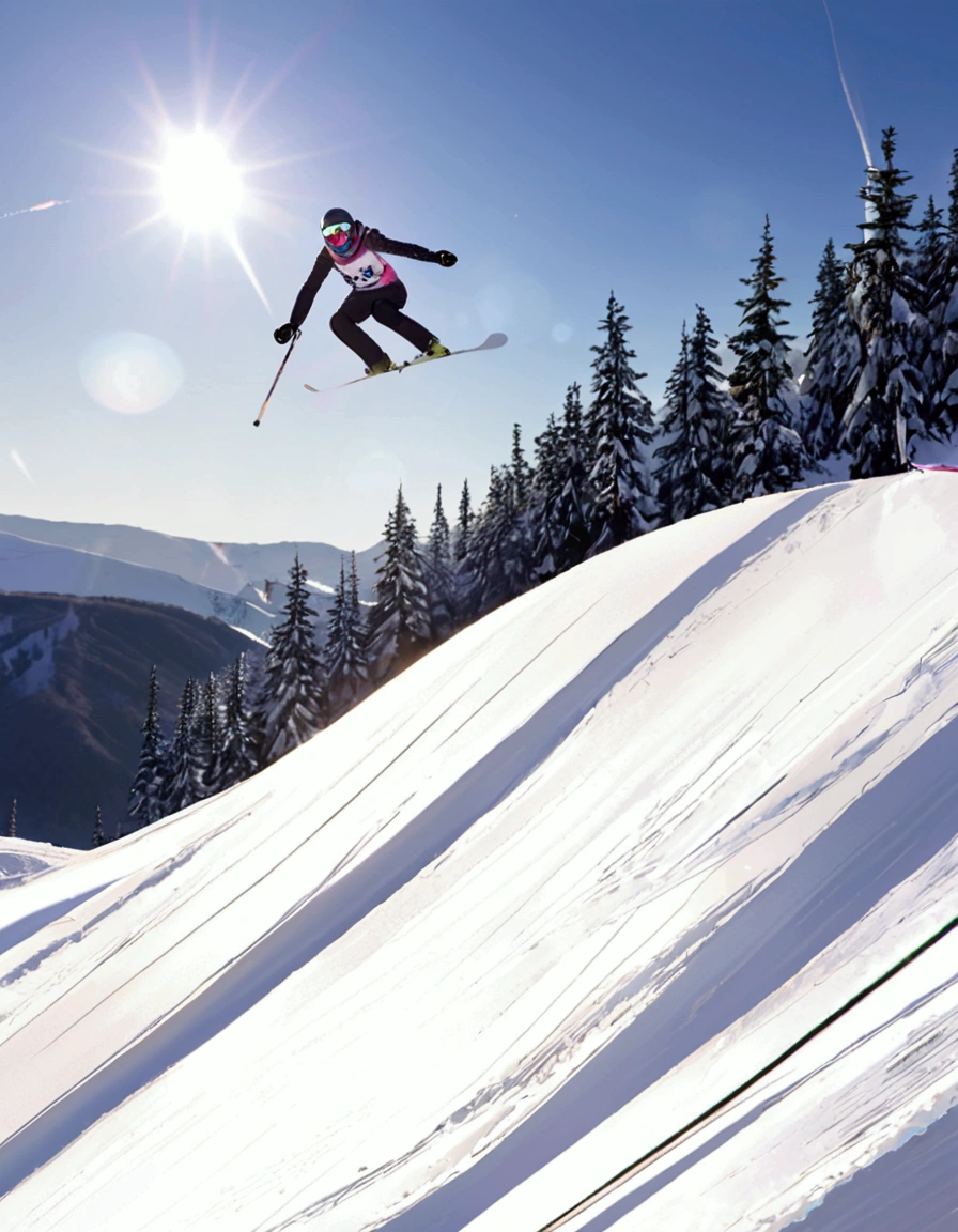 An snow skier is in mid air after leaving the high jump ramp, camera below, snow sparkles and shimmers in a thin trail behind skier