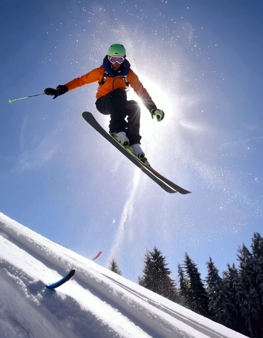 An snow skier is in mid air after leaving the high jump ramp, camera below, snow sparkles and shimmers in a thin trail behind skier