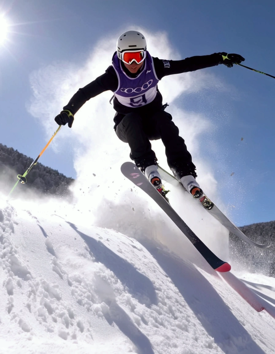 An snow skier is in mid air after leaving the high jump ramp, camera below, snow sparkles and shimmers in a thin trail behind skier