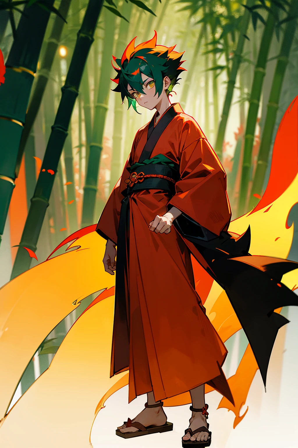 1male, spiky green hair, amber eyes, red kimono with flame designs, black sandals, standing in a bamboo forest, masterpiece, 8k, glowing fireflies, standing on path