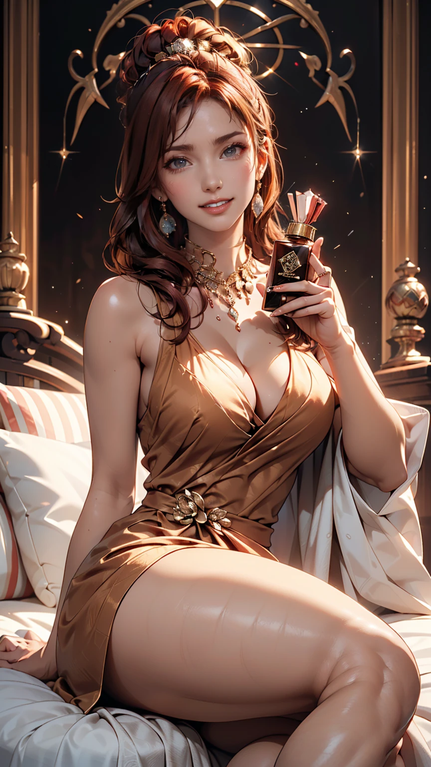 ((masterpiece,Highest quality)), 4K, High resolution, One girl, alone, smile, Brown dress((slit deep)), Exposed thighs、(Perfumer&#39;s Outfit 2:1.2), 、Stiletto heels、Curly Hair((curly hair))、Red inner color((colored inner hair))、Crystal Earrings((crystal earrings))