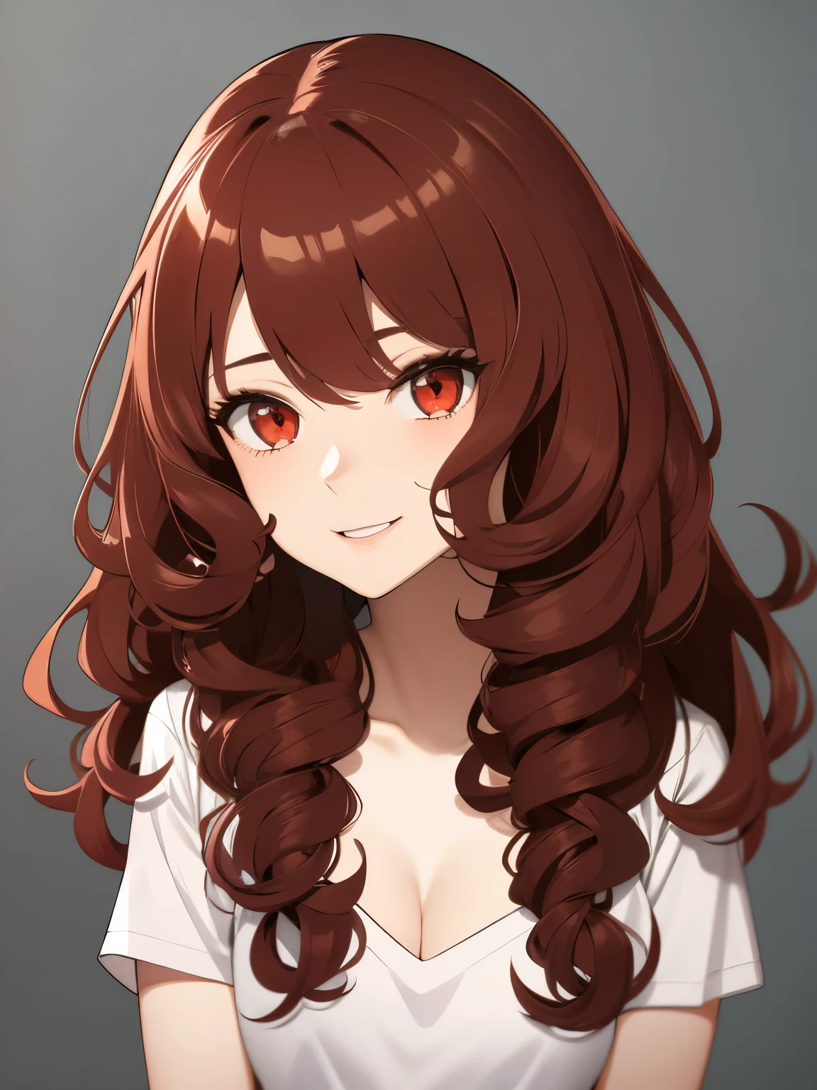 , brunette skin, Eyes red, red curly hair with white tips, fly away, happy, series