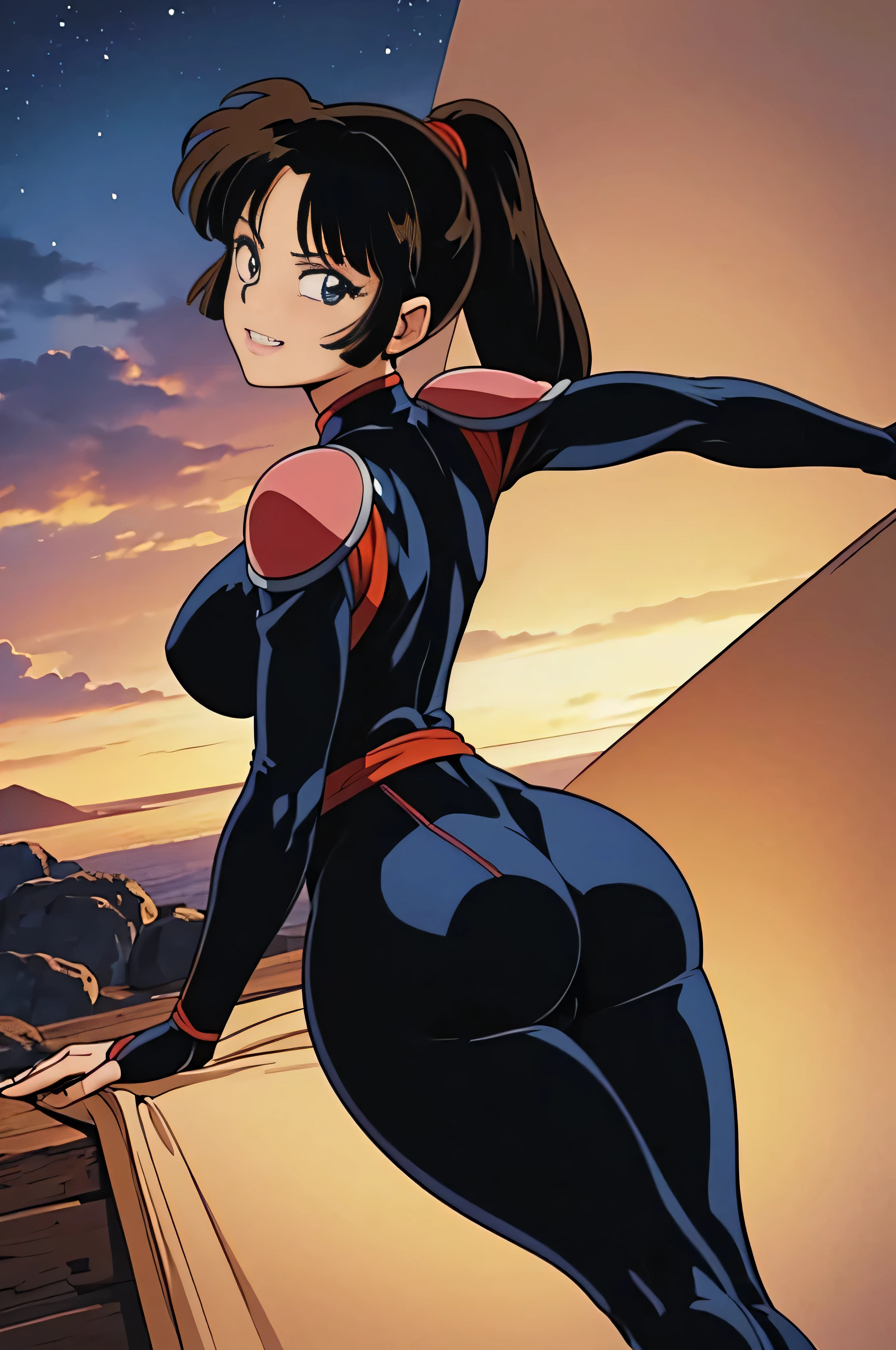 1 girl,(solo), ((Sango)), (masterpiece:1.2), (high quality:1.0), (ultra detailed), (Skintight Bodysuit), Milf, Ponytail, Thicc, Seductive Pose, Ass, Brat, Smug Grin