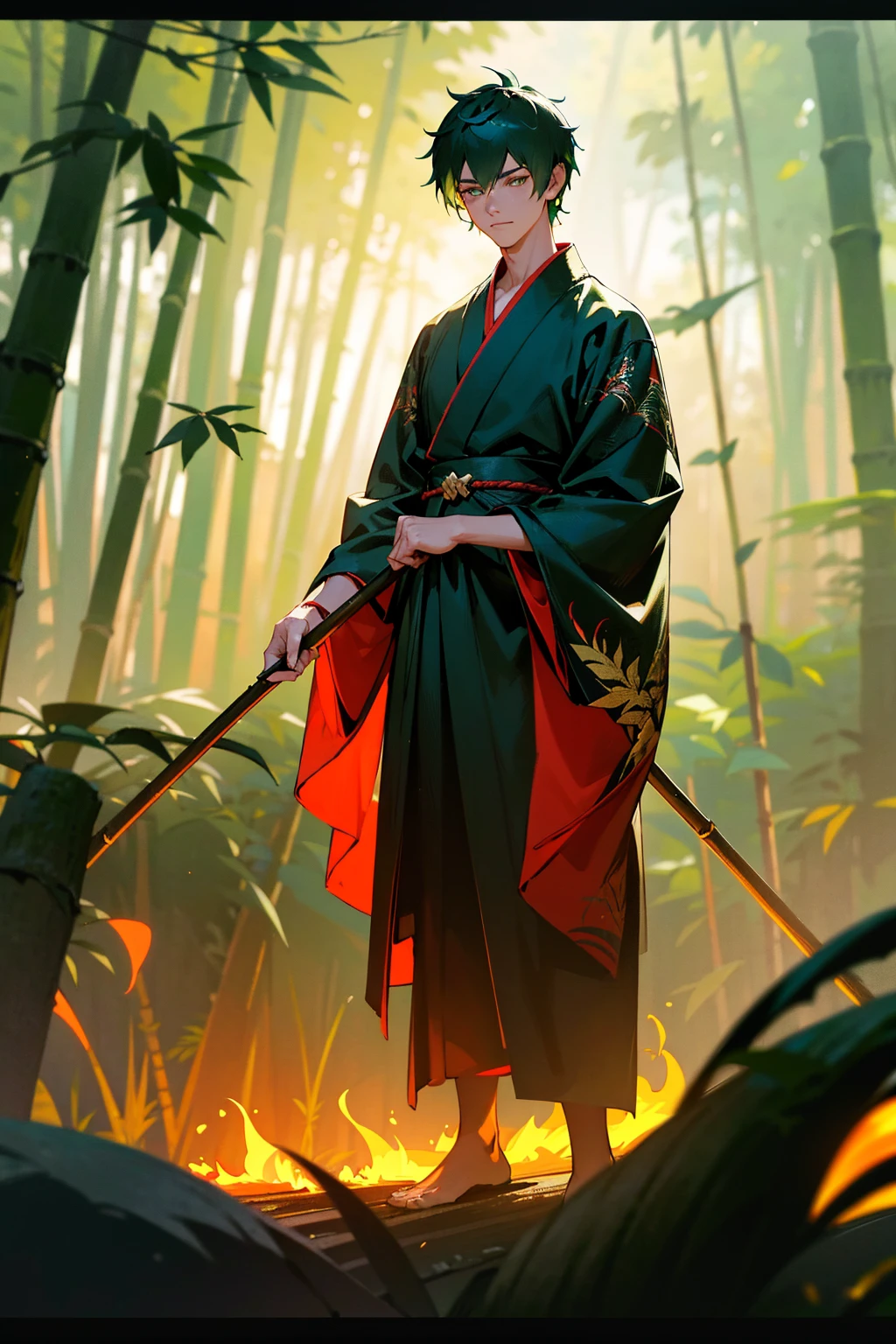 1 male, spiky green hair, amber eyes, red kimono with flame designs, black sandals, standing in a bamboo forest, (best quality,4k,8k,highres,masterpiece:1.2),ultra-detailed,(realistic,photorealistic,photo-realistic:1.37),glowing fireflies,intricate details,dramatic lighting,vibrant colors,cinematic composition,moody atmosphere,mystical forest,detailed foliage,nature scenery