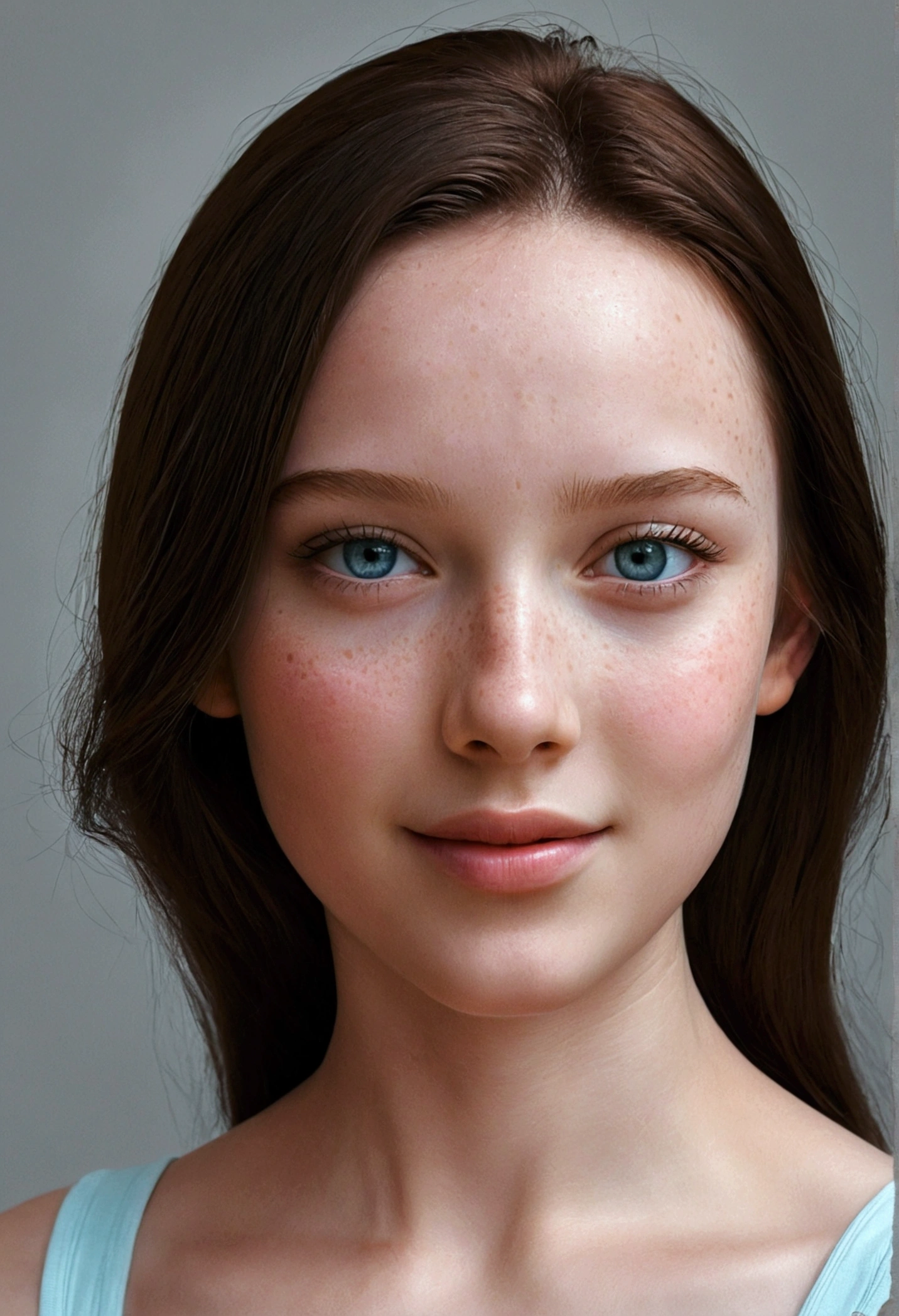 Create a highly realistic and detailed portrait of a young girl looking straight into the camera with a gentle, captivating smile. Her face is sweet and feminine, She has a unique charm that makes her appearance memorable. Her hair is jet black, Her eyes are large and almond-shaped, with a vibrant light blue color Her eyebrows are elegantly arched, Her skin is flawless, with a snow-white complexion that has a natural glow. The lighting is soft and flattering, creating a gentle glow on her skin and highlighting her facial features. The background is slightly blurred, ensuring that the focus remains on her face The face is perfectly drawn and visible, Best Face Quality, Gorgeous Face, 19 years old, pale skin, realistic, pale skin, cute beautiful face, hyperrealism, Bright Face, beautiful freckles, detailed girl,