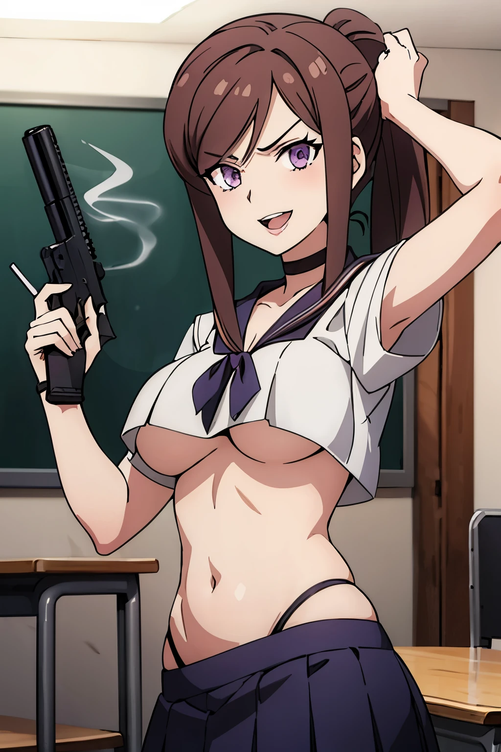  1girl, solo, claudia_synduality_noir, brown hair, purple eyes , long hair, choker, necklace, lipstick, blush, Hot girls, baddie, staring, glaring, bad attitude, mean girl, crazy, smoking, sensual, attractive, masterpiece, best quality, highly detailed, a anime girls in sailor uniforms with a gun posing for a picture,
evil smile, smile, open mouth,black_serafuku, ecchi anime style, anime girls , (nsfw) not safe for work,
ecchi style, ecchi, shipgirls, digital anime art!!, high school girls, holding a gun, hold a gun, anime style 4
k, micro skirt, exposed belly, exposed navel, exposed midriff, holding pistol,underboob,
exposed lower belly,school, classroom,