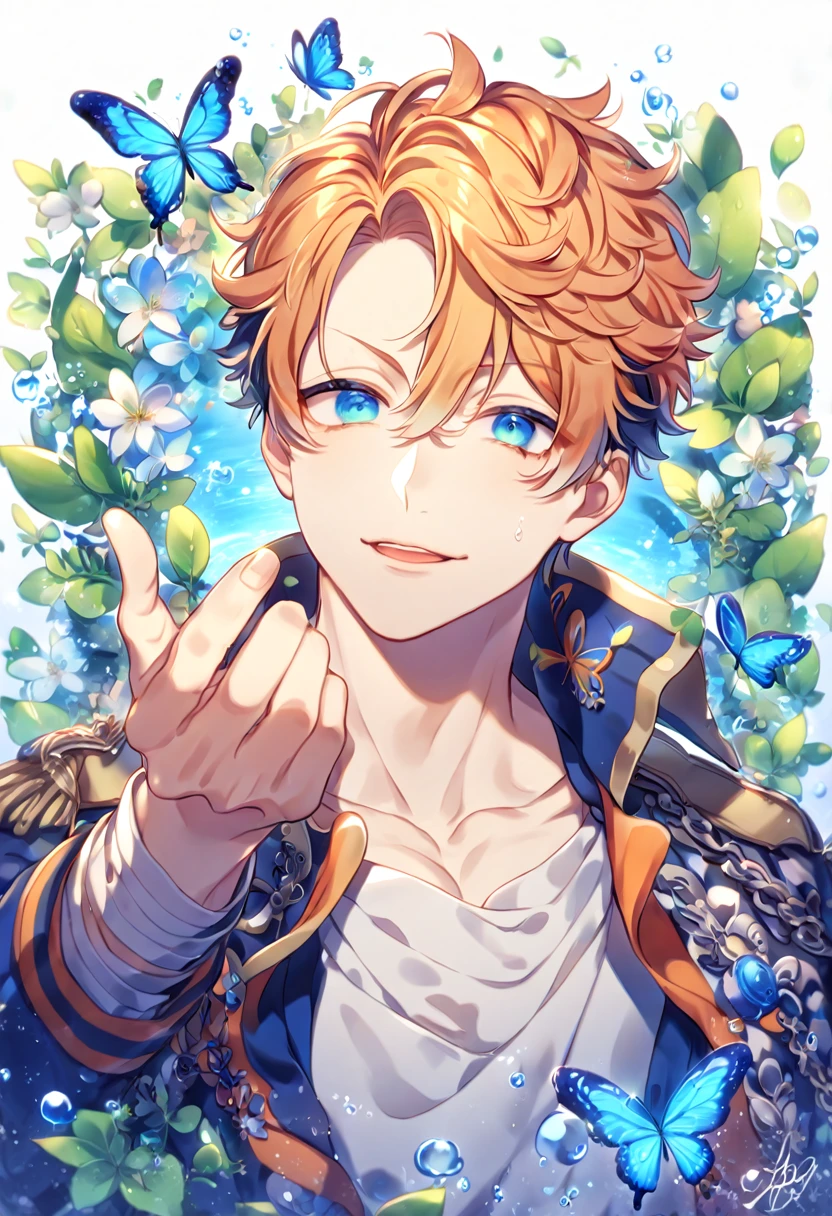 absurdres, highres, ultra detailed, HDR, master piece, best quality, extremely detailed face, delicated features, Busujima Meison Rio, orange undercut hair, expressive blue eyes, Hypnosis Mic, solo, sexy man, handsome, soldier clothes, fantasy, magical, butterflies, summer, green leaves, flowers, water
