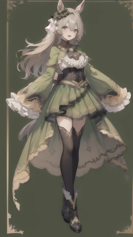 masterpiece, best quality, highres, aasato, (long hair:1.2), half updo, braid, hair between eyes, animal ears, ear ornament, horse tail, (large breasts:0.8), frills, black ascot, green dress, (sleeves past wrists:1.2), black thighhighs, standing, smile, open mouth, (full body), patterned background, boots, paw pose,
