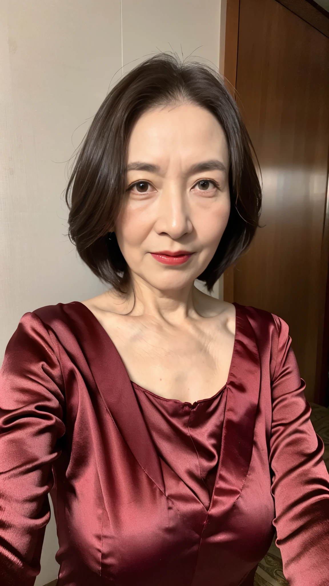 Masterpiece, Beautiful finish, Beautiful mature woman、65-year-old woman、Selfie, Face close-up,Long face, Red lips, Thin lips, Satin dress, Light from the front,