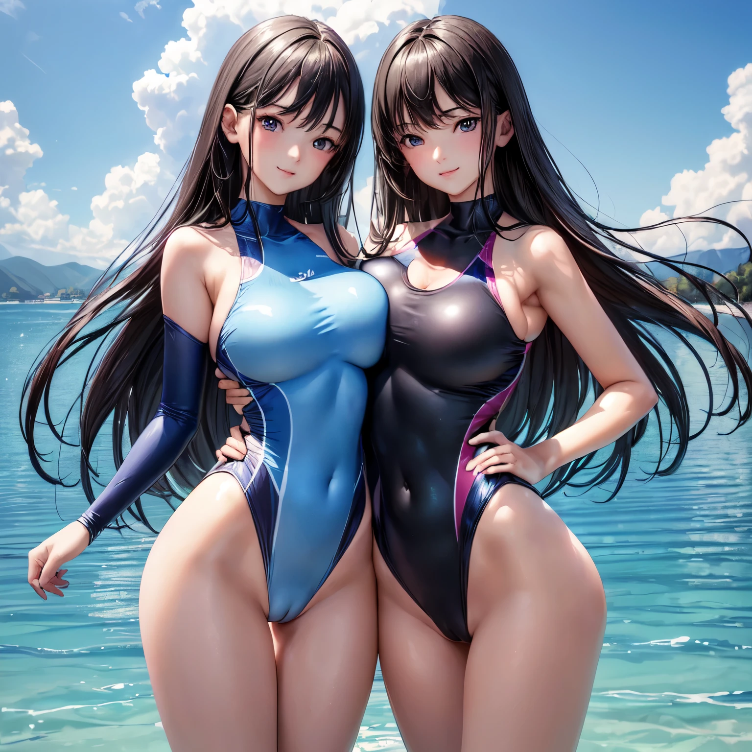 (((4K,masterpiece,best quality,ultra detailed,high resolution))),nsfw,(daytime,clear weather,front light),((two girls)),looking viewer,(beautiful girls),(age),long shot,panorama,symmetrical docking,hug,(black hair,long hair,straight hair,medium hair),(beautiful detailed face,beautiful detailed eyes),(finely detailed skin,fair skin),slender,light smile,shy,(competition swimsuits,one-piece swimsuits),(on the beautiful lake,beautiful sky),(big breast,perky breast,big hip),(cameltoe),