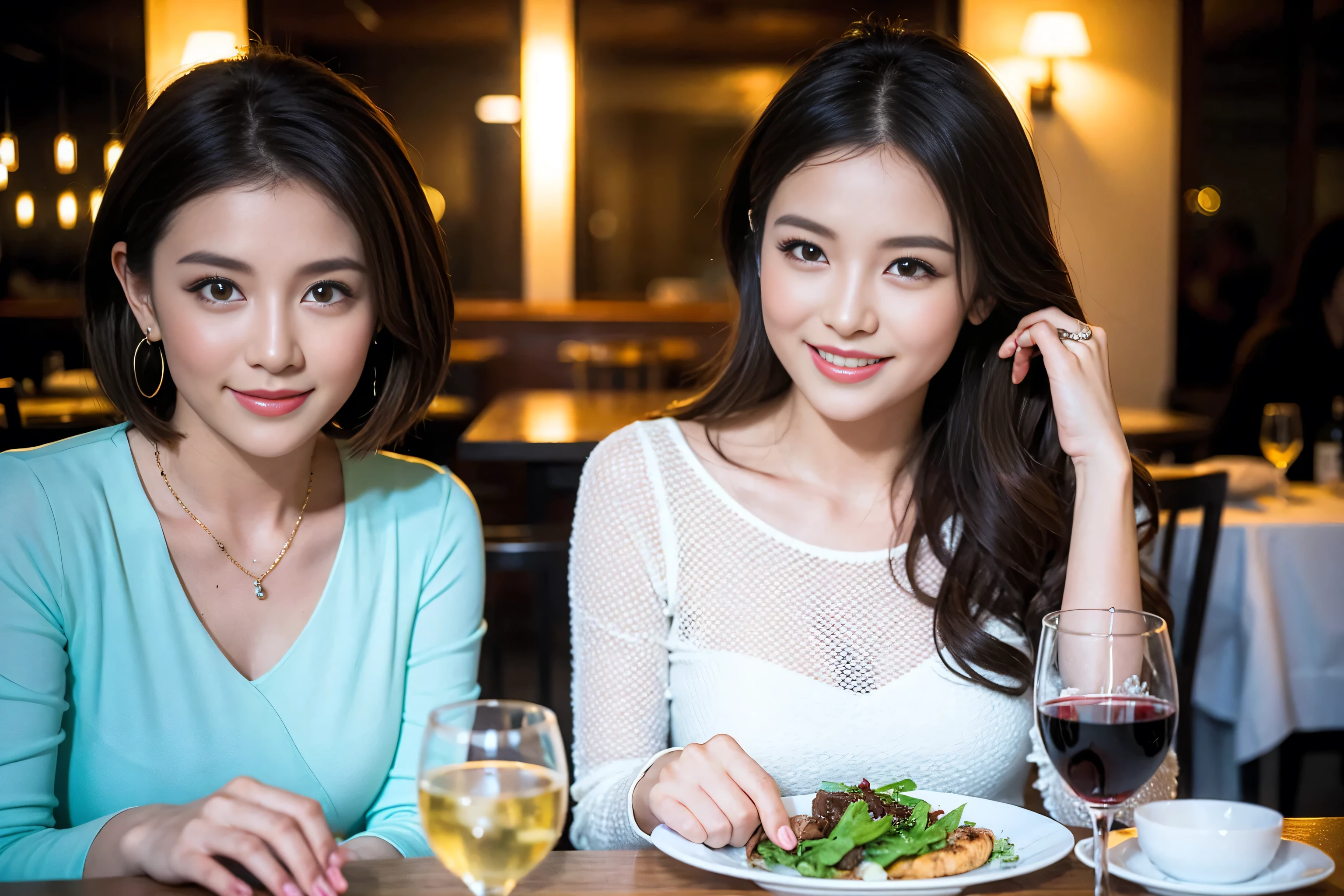 ((Highest quality、8k、masterpiece:1.3))、cute、Slim couple、Model Couple、Actress、(Realistic, Intricate details:1.2), full-course dinner、Wine Party、Amazing view of the sunset sky and clouds、A bright smile、short hair,Bright Face、 (45 years old), 42 years old, red wine 、Appetizers、Italian food、Wine bottle、Champagne、sparkling wine、Two beauties、Brown Hair、Shortcuts、Long sleeve shirt、dress、Beautiful woman 1, (Slim face), (The body is slim), (Brown Hair), (Shortcuts), cheeks turn a little red,Attractive beauty、restaurant, In a prominent place (From the waist up) Nova Frog Style, actress, model, Upper Body, White wine, slim, wine glass, A wine glass placed in the center, smile, (smile: 1.15), Beautiful fine grain, Depth f/2,saturation, High Contrast, Strong light and shadow,Moist Body:1.5、3D texture、Delicate eyes、Brown Hair、The hair is very shiny、