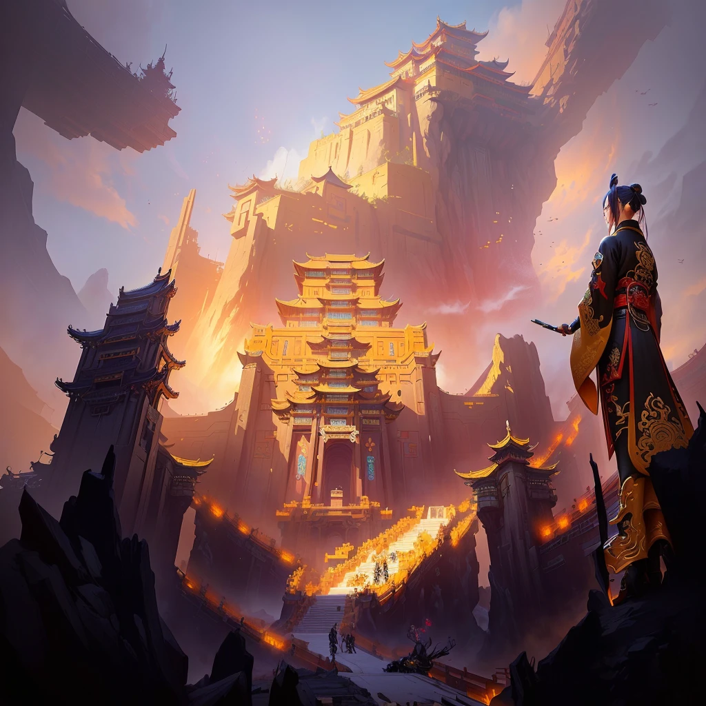  G Liulian art style, Cyberpunk Chinese Ancient Castle, Onmyoji detailed art, 2. 5D CGI anime fantasy artwork, Anime epic artwork, Background artwork, author：Yang J, Beautiful rendering of the Tang Dynasty, Game concept art, Epic fantasy digital art style, Ruina Library concept art