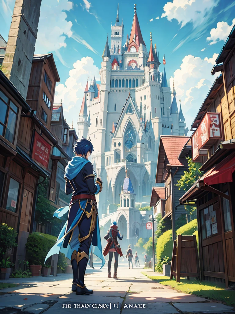 Manga cover,  stands back to back with a guy, fantasy world and urban city, Isekai, between worlds, dimension rift
