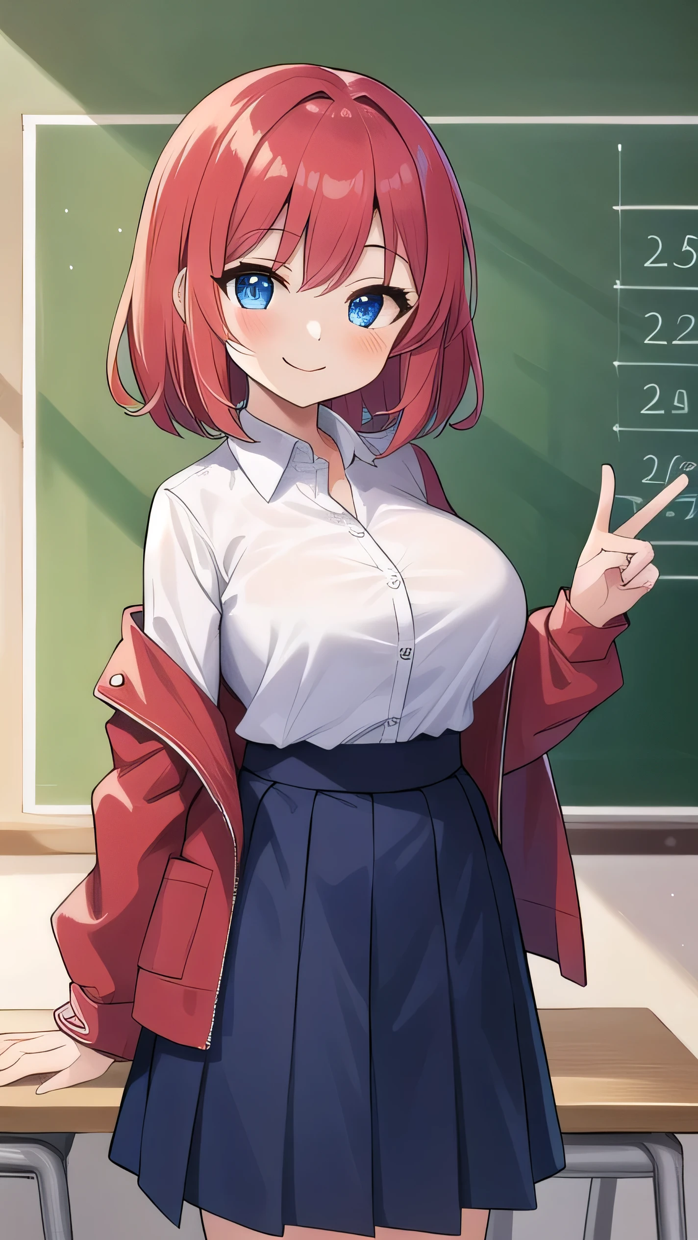Big breasts, red hair, blue eyes, droopy eyes, red jacket, long sleeves, navy skirt, elementary school student, (super big breasts:1.1), (medium hair: 1), baggy clothes, elementary school student, young face, short height, 10 years old, old, shy Agari, smiling a little, trying to unbutton his shirt in the classroom, white shirt, soft hair,(straight hair:1.2) , gentle smile, a little smile ,