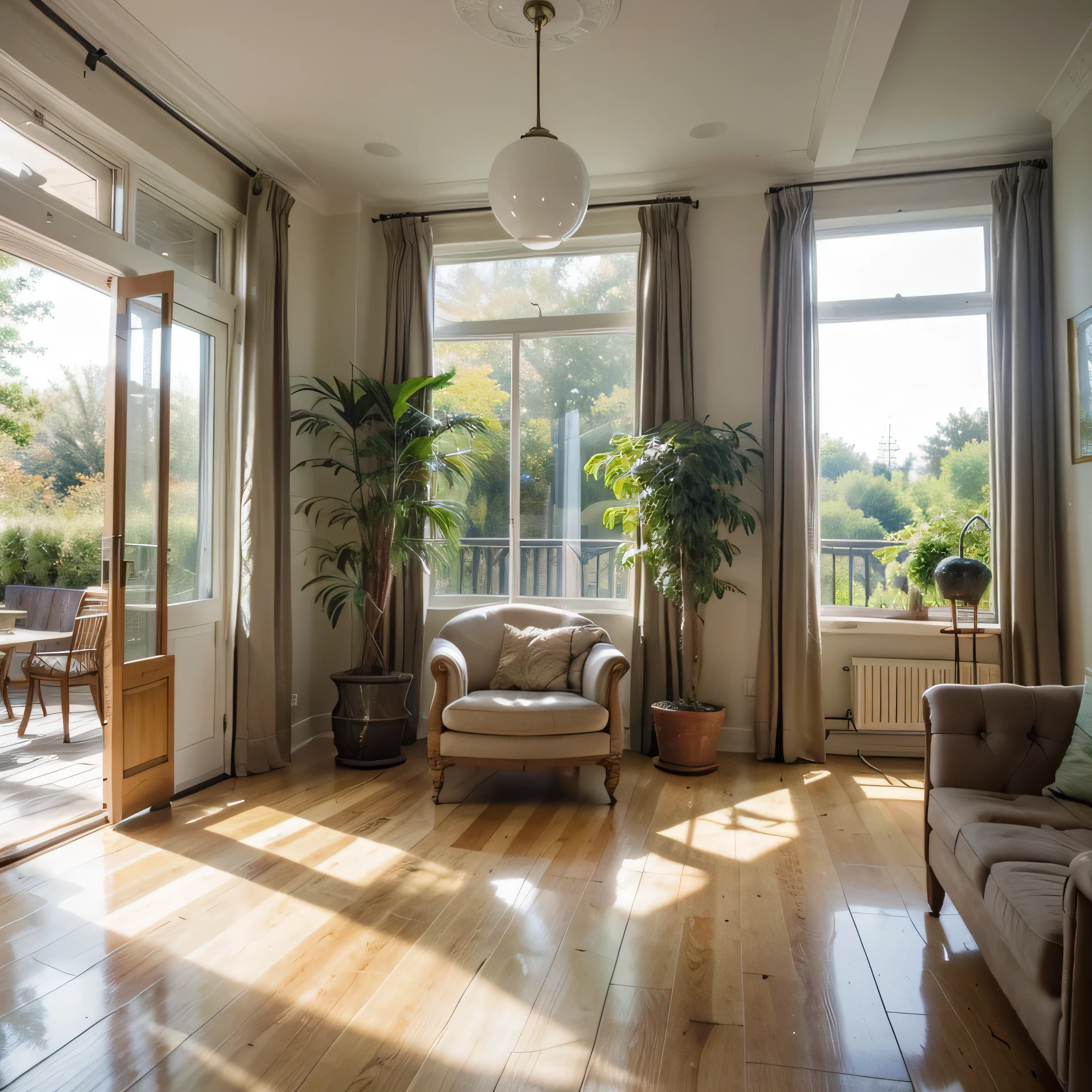 Create a bright interior,By the French window,Wood color floor,Tall green plants are placed on the side,The floor-to-ceiling windows overlook a beautiful garden,Sunlight shines into the living room,Warm and cozy