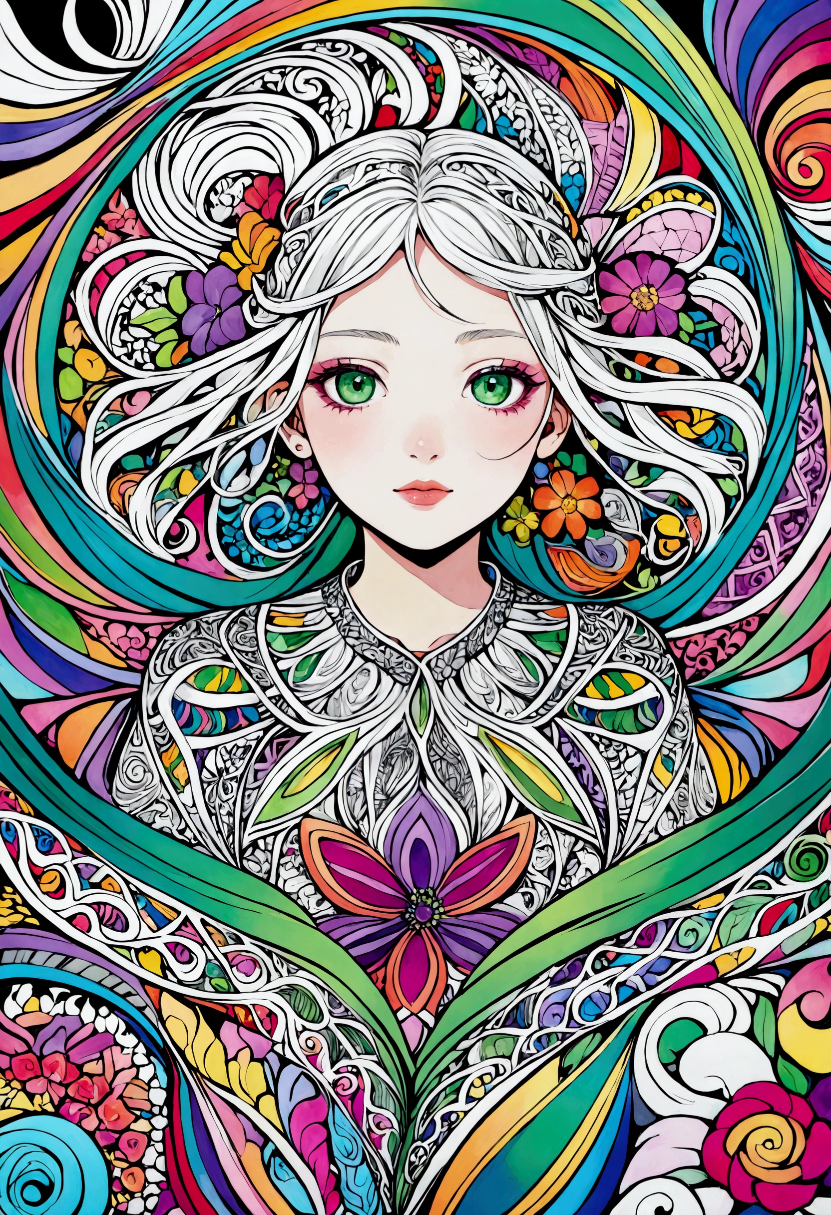 Official Art, colorful, Very detailed, beautiful and aesthetic, beautiful, masterpiece, Highest quality, (zenTangle, colorful, Tangle, enTangle), (Flower Ecstasy:1.2) Dynamic Angle, Girl To, the most beautiful form of chaos, elegant, Brutalist Design, Vibrant colors, Romanticism, Venus、The background is silver&green: Surrounded by a white aura、god々Shii、An illustration、12 years old、whole body