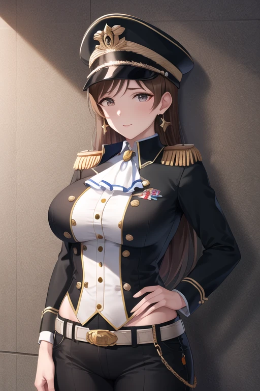 masterpiece, best quality, highres, aanitta, long hair, (black peaked cap), earrings, big breasts, muscular body, military uniform, epaulettes, badges, (black shirt:1.2), (white ascot), black sleeves, long sleeves, (black pants), belt, cargo pants, idolmaster, cowboy shot, standing, indoors, against wall, serious facial expression, facing the viewer, looking at the viewer
