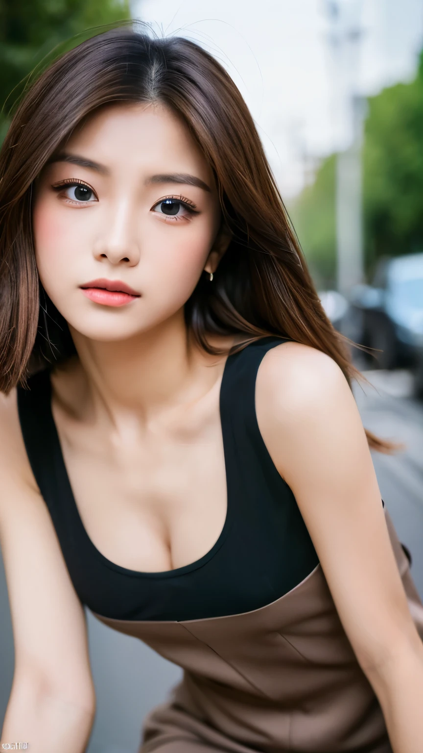 ((Highest quality, 8k, masterpiece :1.3)), whole body, Sharp focus: 1.2, girl,20-year-old,perfect face shape,beautiful face shape,Perfect body beautiful: 1.4, Slim Abs: 1.2, ((Dark brown hair, : 1.2)), Tank top dress: 1.1, (street: 1.1), Highly detailed face and skin texture, Delicate eyes, double eyelid,F Cup