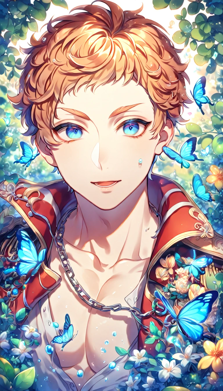 absurdres, highres, ultra detailed, HDR, master piece, best quality, extremely detailed face, delicated features, Busujima Meison Riou, orange undercut hair, short bangs, expressive blue eyes, Hypnosis Mic, solo, sexy man, handsome, soldier clothes, fantasy, magical, butterflies, summer, green leaves, flowers, water